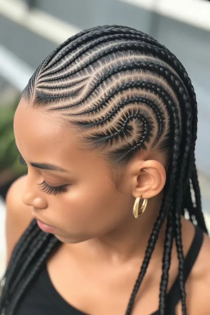 Swirl Cornrows With Stitch Braid Detail