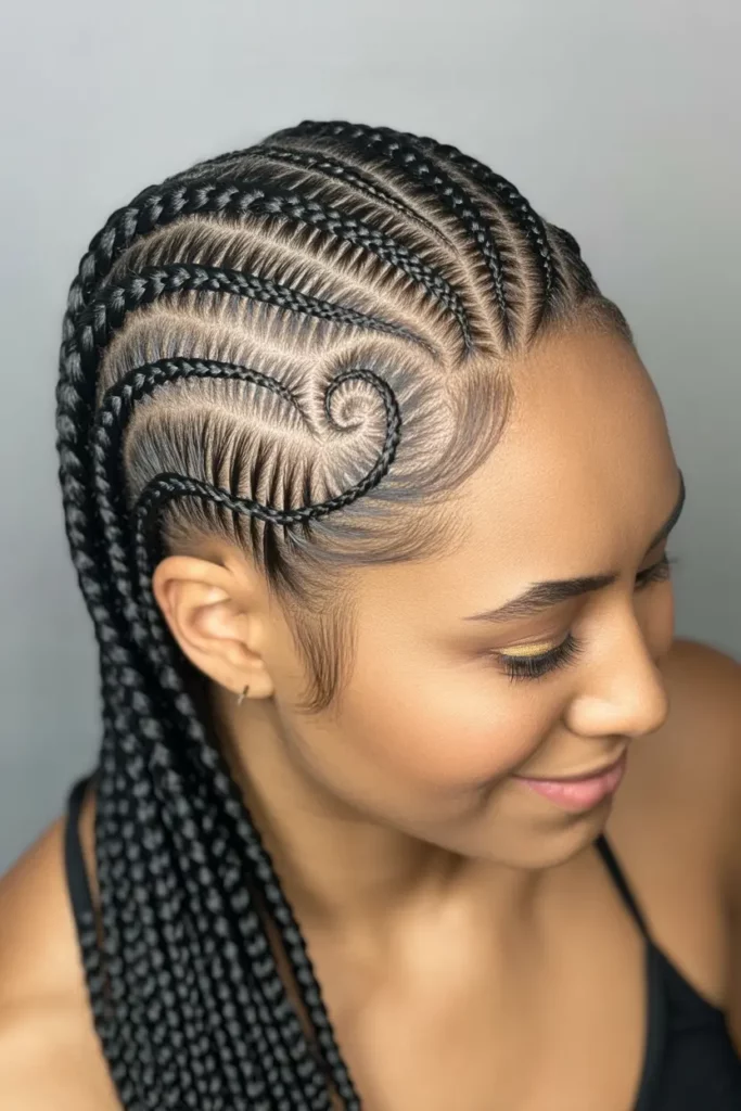Swirl Cornrows With Zig-Zag Parts