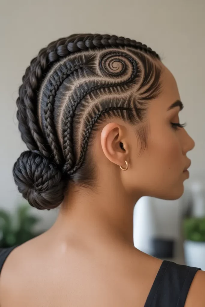 Swirl Cornrows With a Low Bun