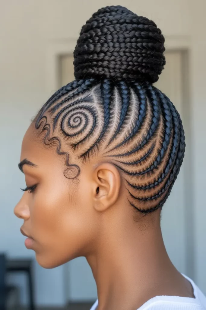 Swirl Cornrows With a Top Knot
