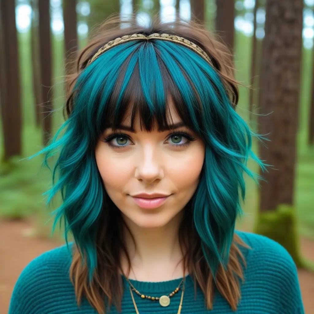Teal Bangs on Shaggy Brown Wolf Cut Teal Bangs on Shaggy Brown Wolf Cut