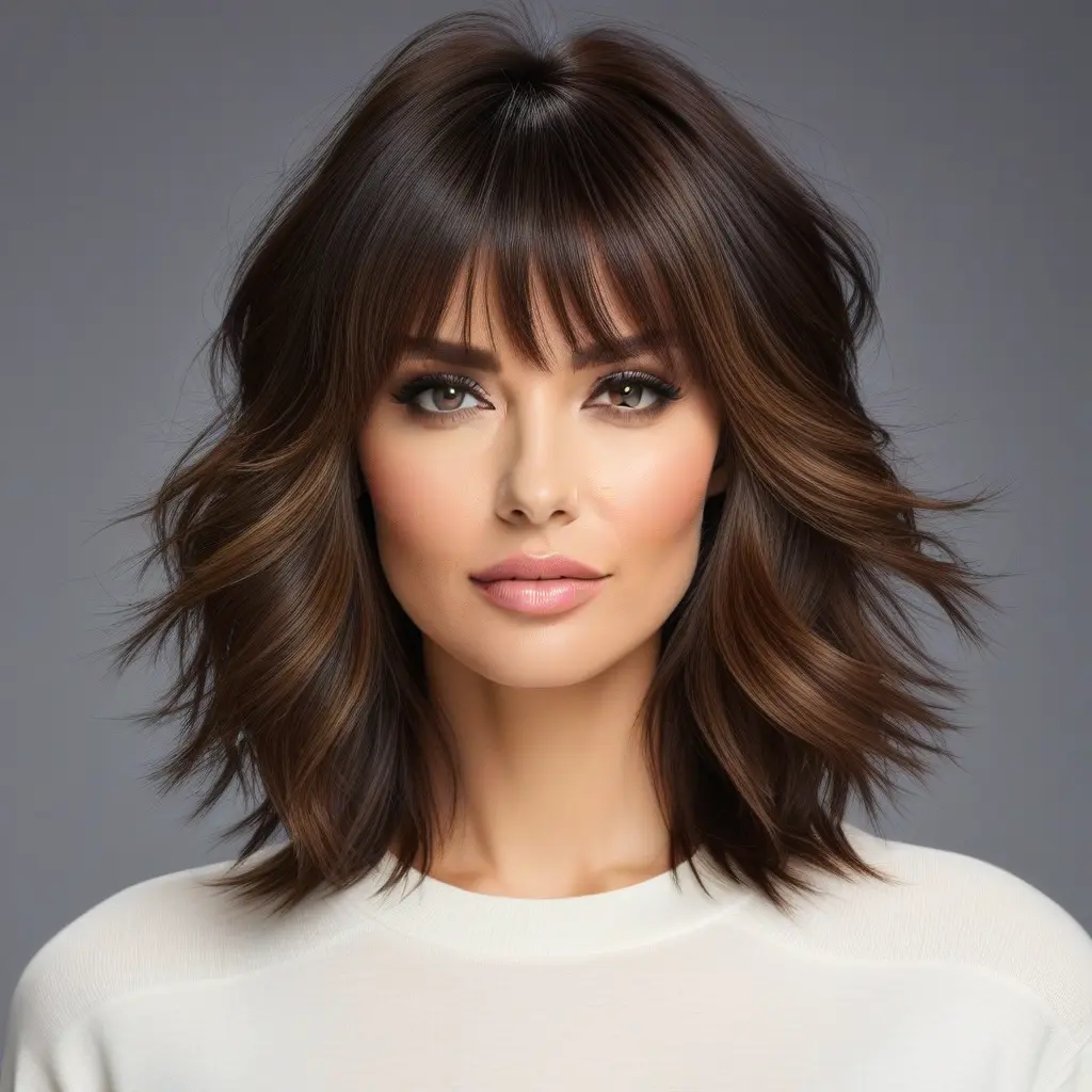 Voluminous Long Wolf Cut With Thick Curtain Bangs