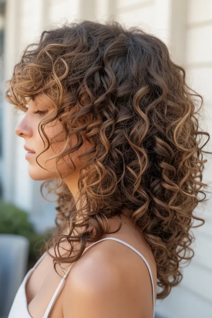 Warm Caramel Highlights on Curly Hair