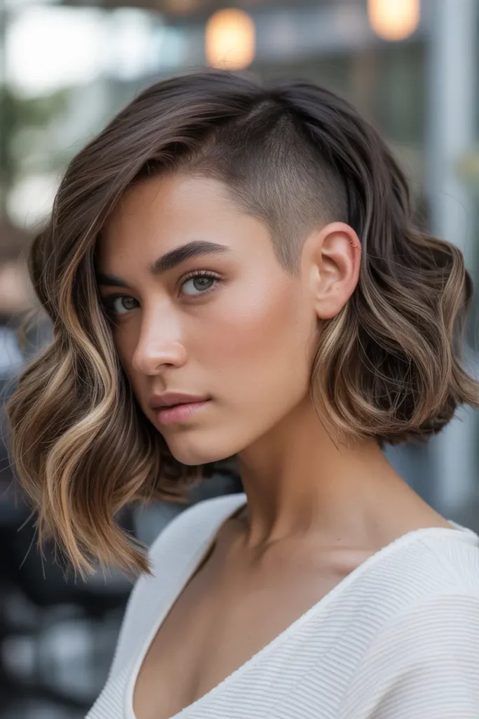 Wavy Lob with Side Shave and Highlights