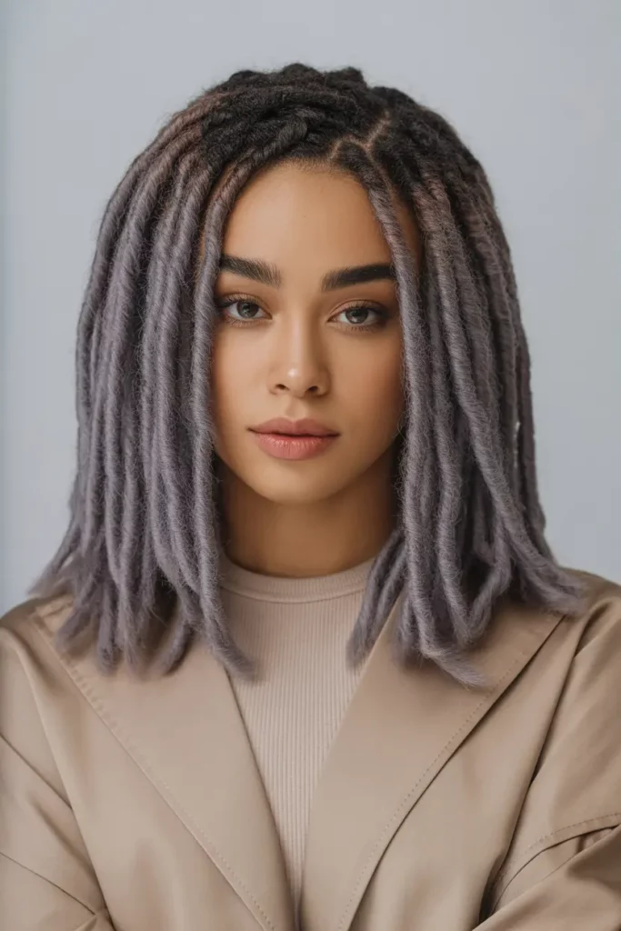 Ash Grey Shoulder-Length Locs with Middle Part