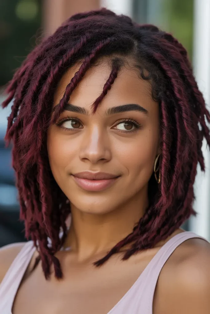 Burgundy Locs with Side-Swept Bangs