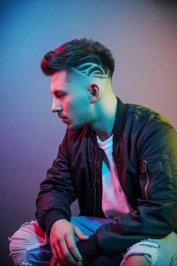 Burst Fade Mullet with Shaved Design