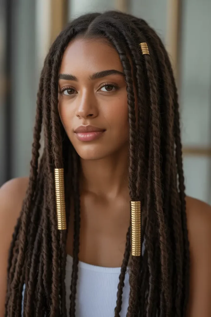 Chocolate Brown Locs with Gold Cuffs