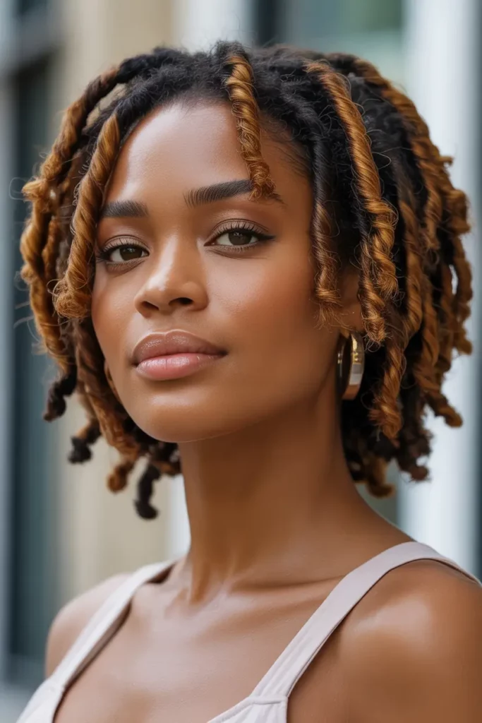 Colored Short Locs with Caramel Highlights