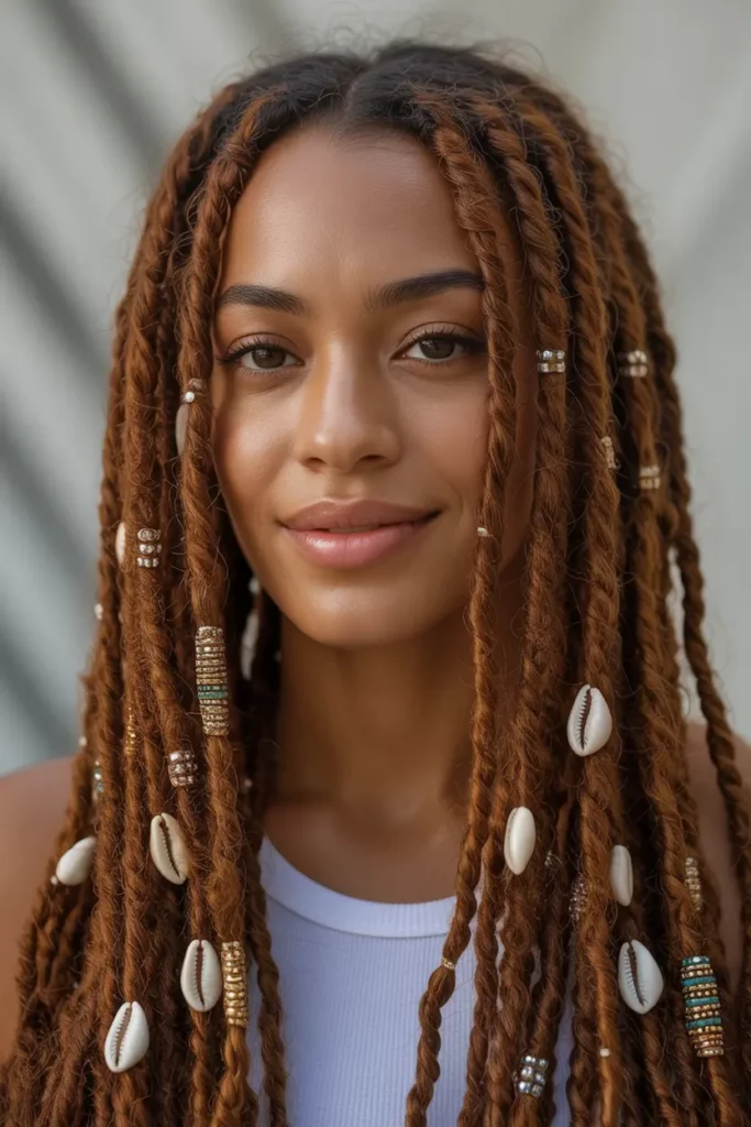 Copper Brown Locs with Beads and Shells
