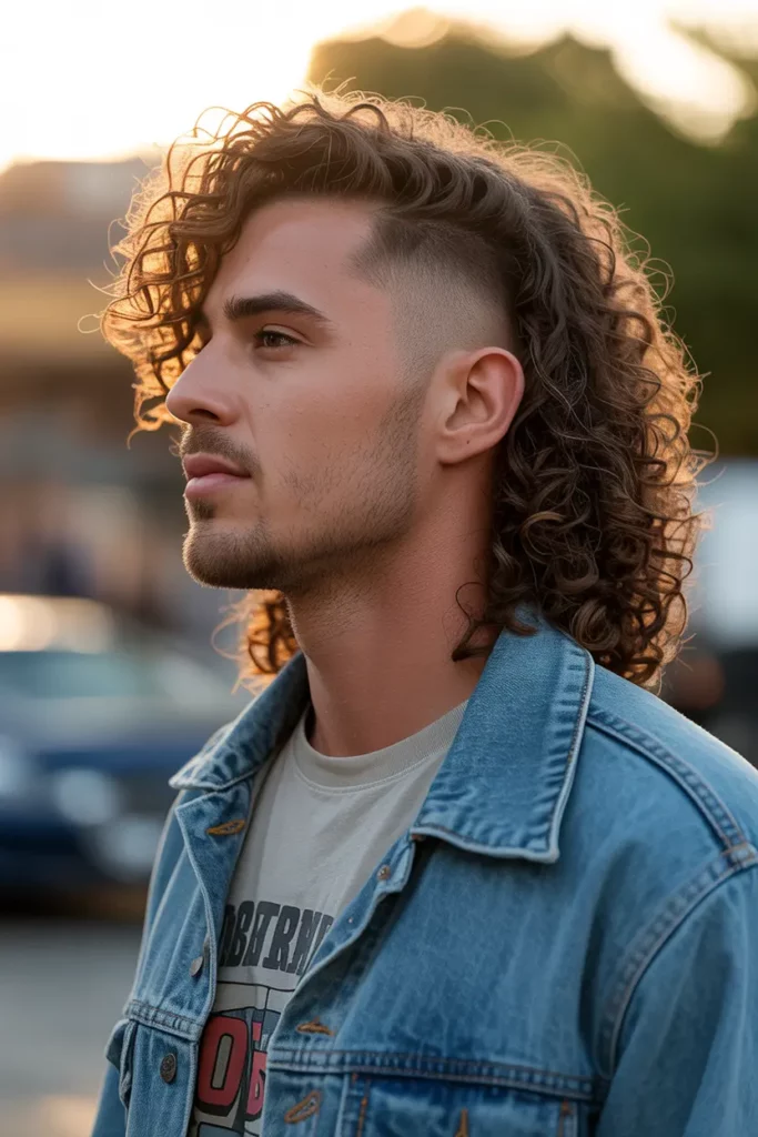 Curly Faded Mullet with Drop Fade