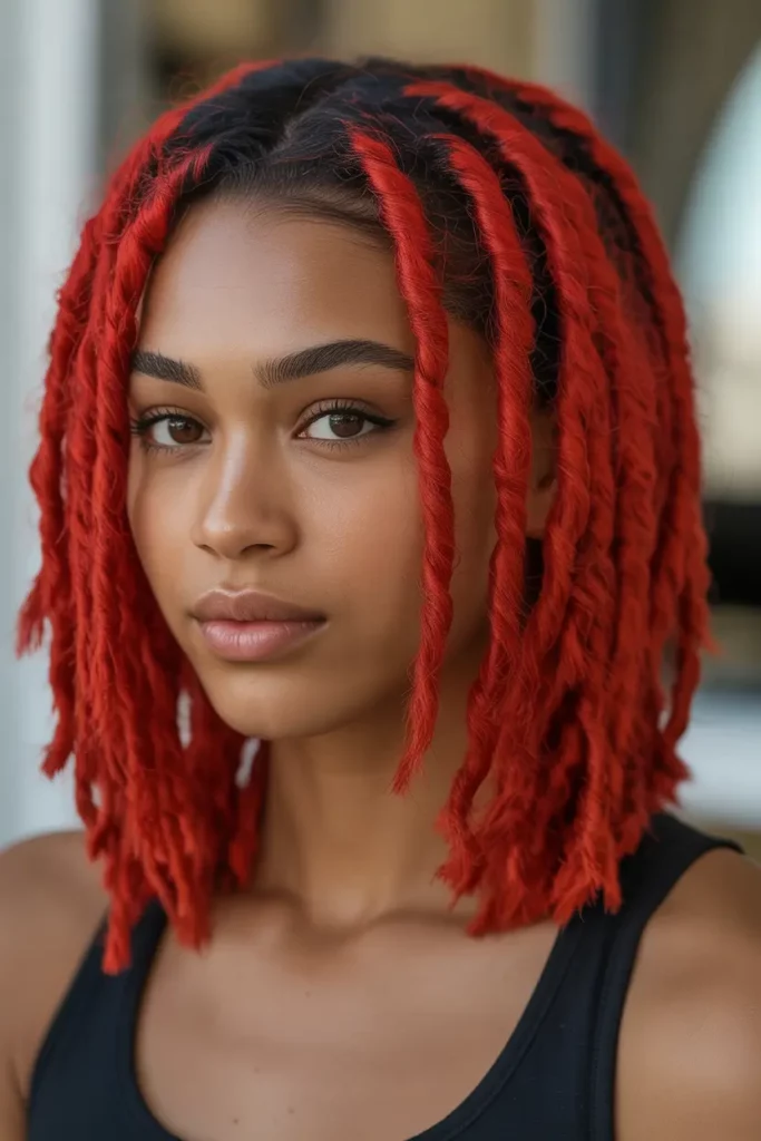 Fiery Red Dyed Locs with Side Part