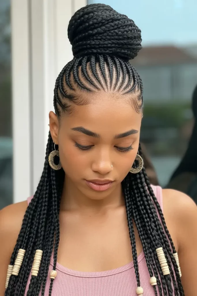 Fulani Braids with High Bun and Loose Ends