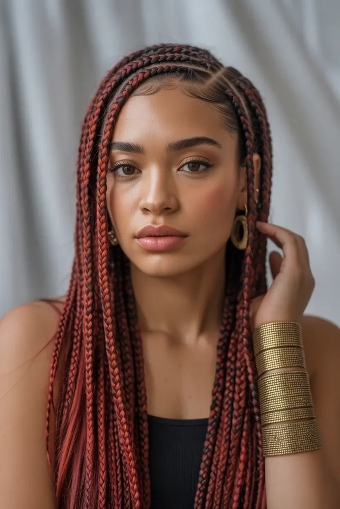 Fulani Braids with Pop of Red Highlights
