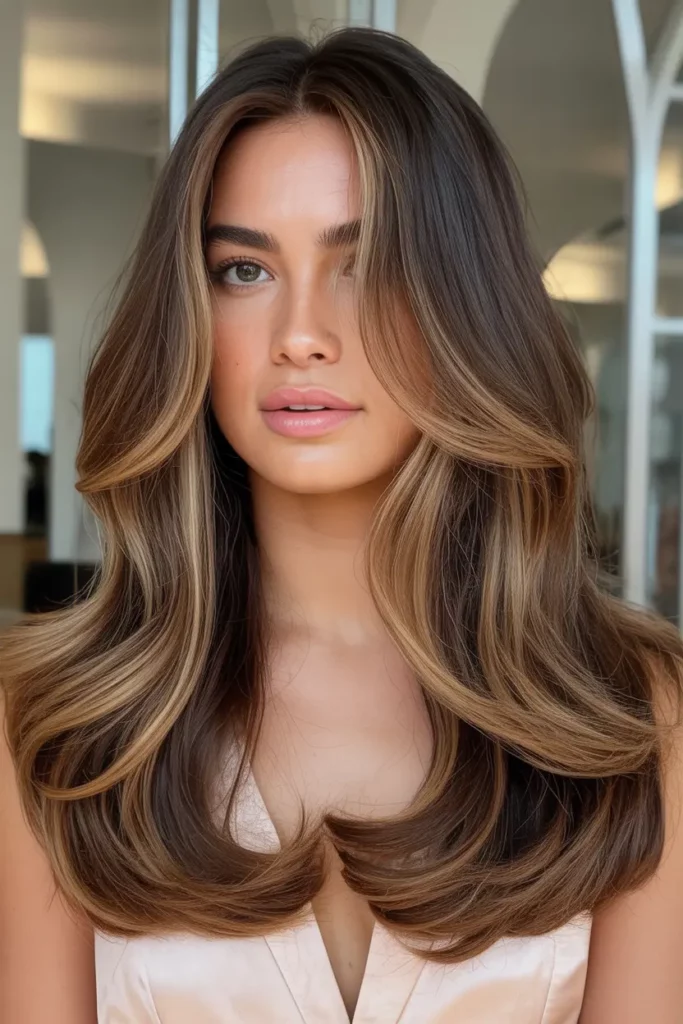 Glossy Chest-Length Layers with Balayage