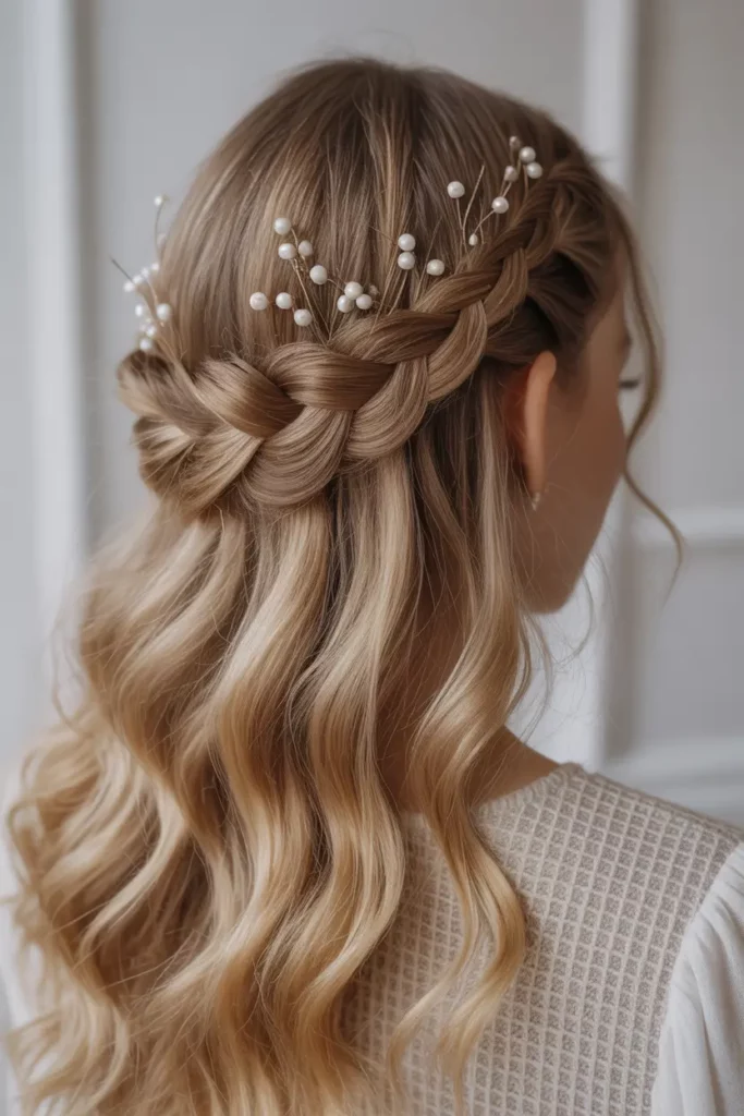 Half-Up Braided Crown with Pearls