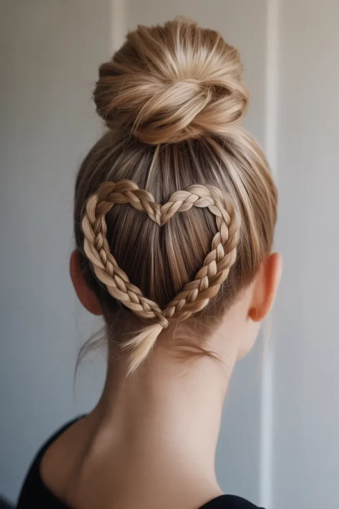 High Bun with a Heart Braid Accent