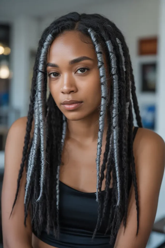 Jet Black Locs with Silver Streaks