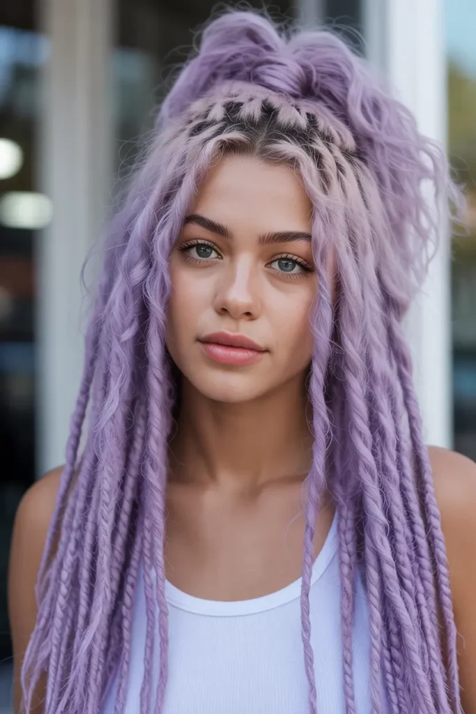Lavender Locs with Loose Half-Up Style
