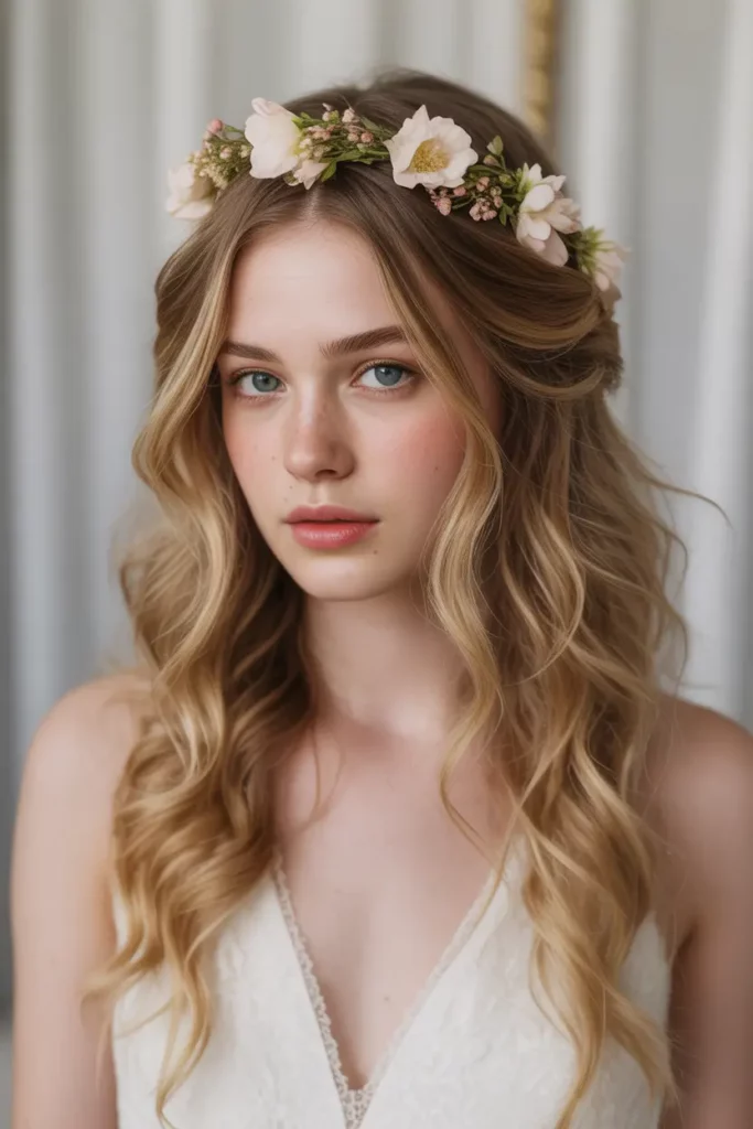 Loose Waves with Floral Crown
