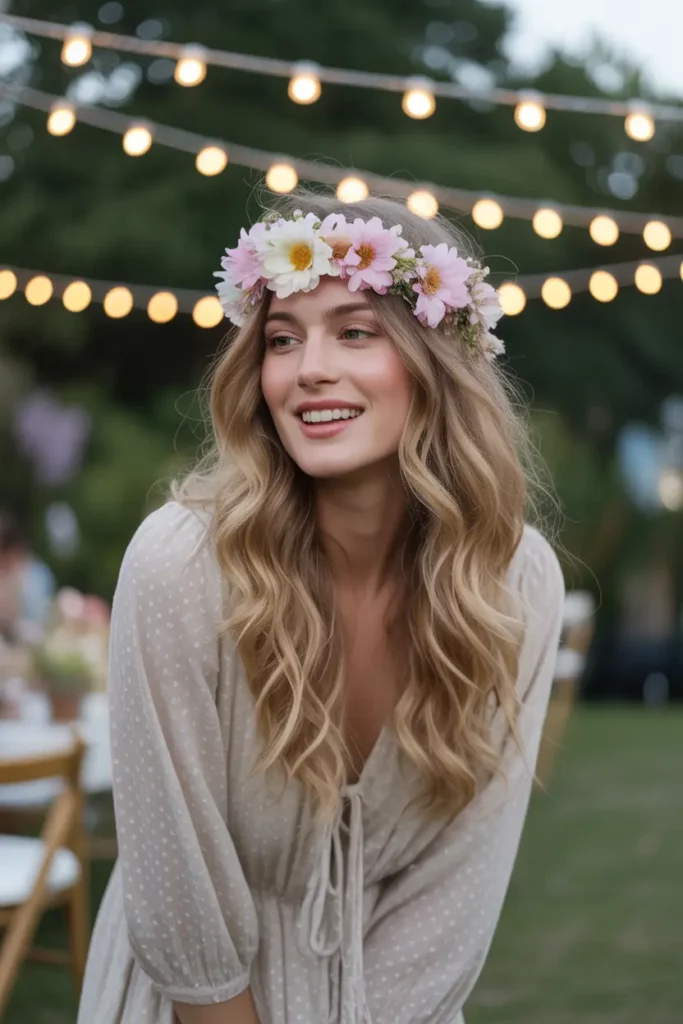 Loose Waves with Flower Crown