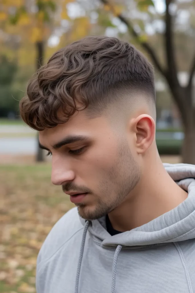 Low Fade Mullet with Curved Fringe