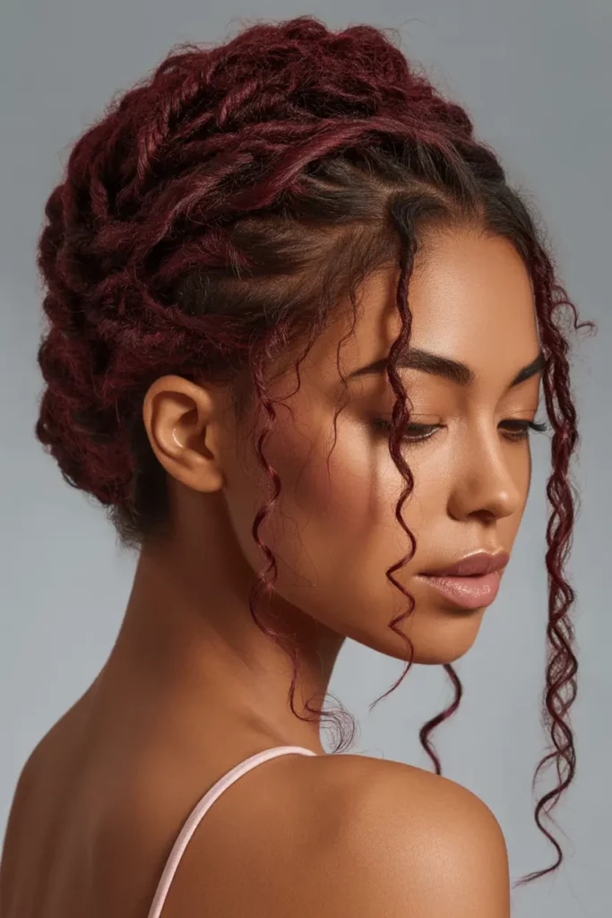 Maroon Dyed Locs with Low Bun and Side Tendrils