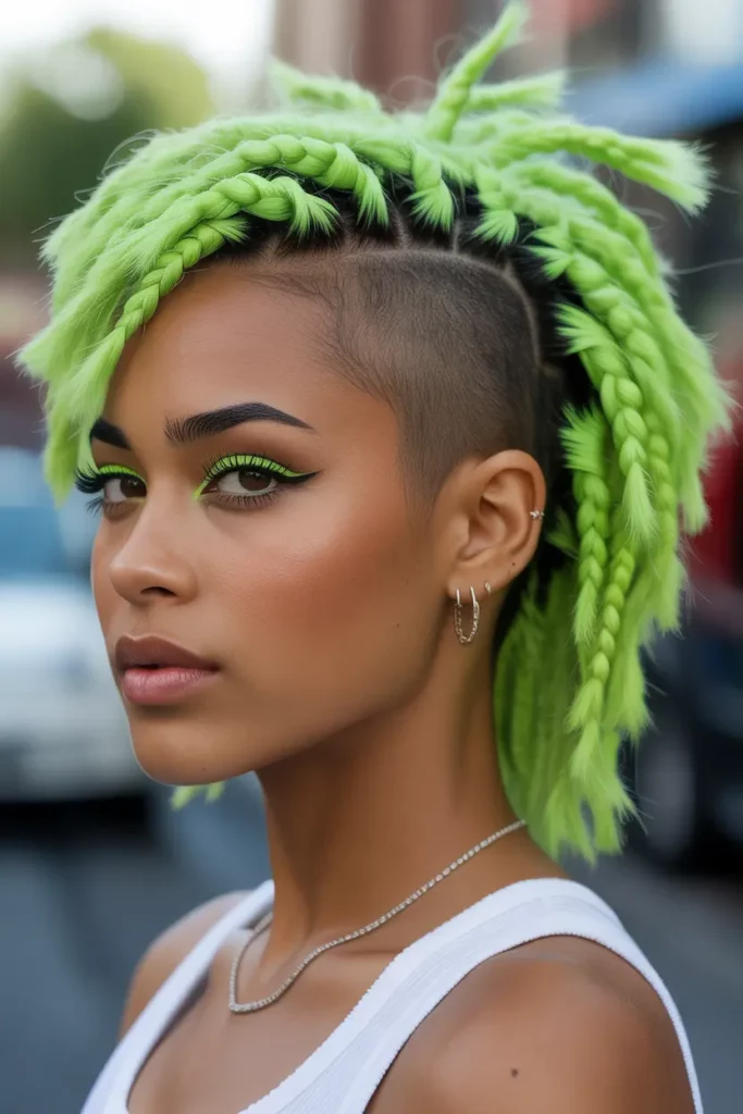 Neon Green Locs with Mohawk Braid