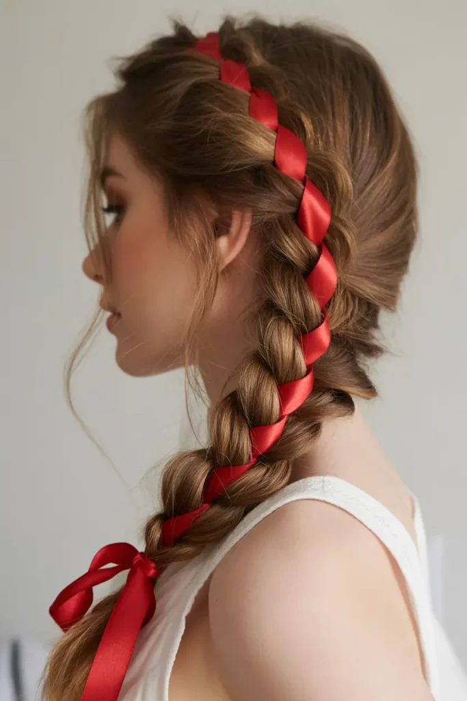Side Braid with Red Ribbon Detail