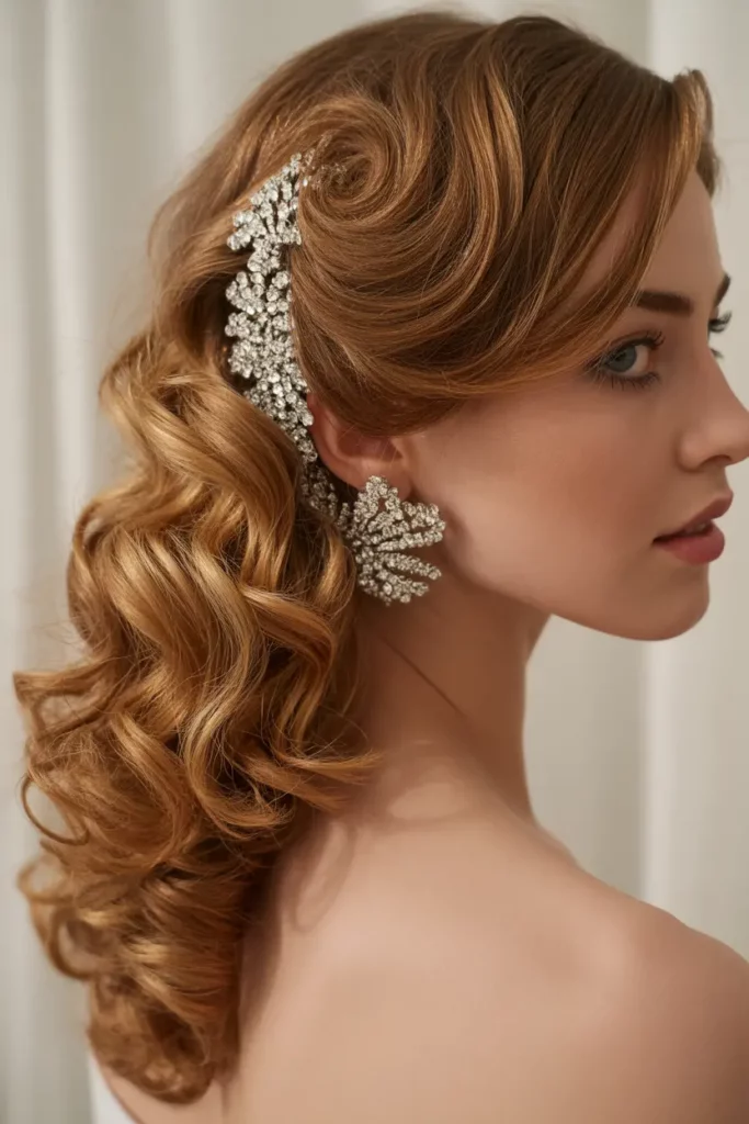 Side-Swept Curls with Sparkling Pins