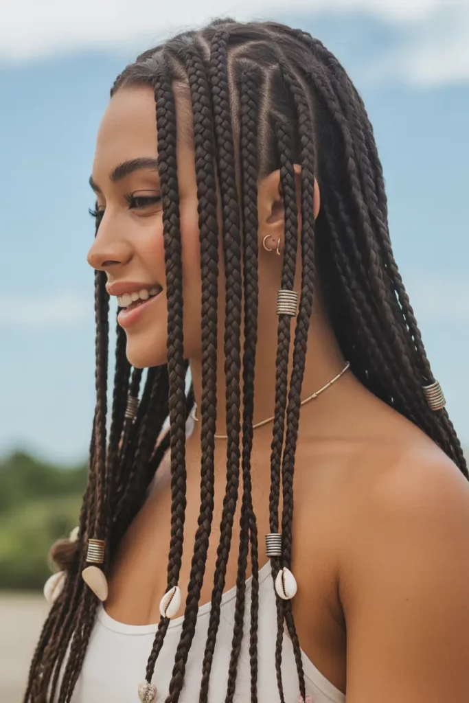 Side-Swept Fulani Braids with Shell Accents