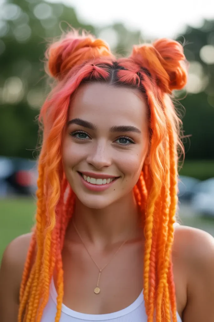 Sunset Orange Locs with Space Buns