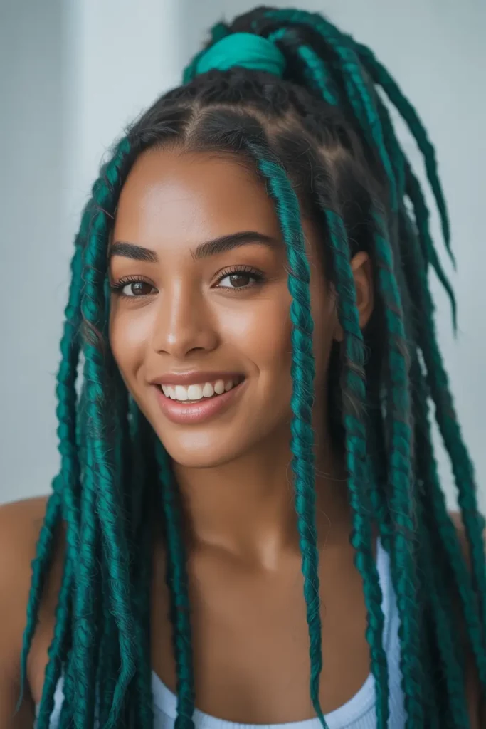 Teal Green Locs Styled in High Ponytail