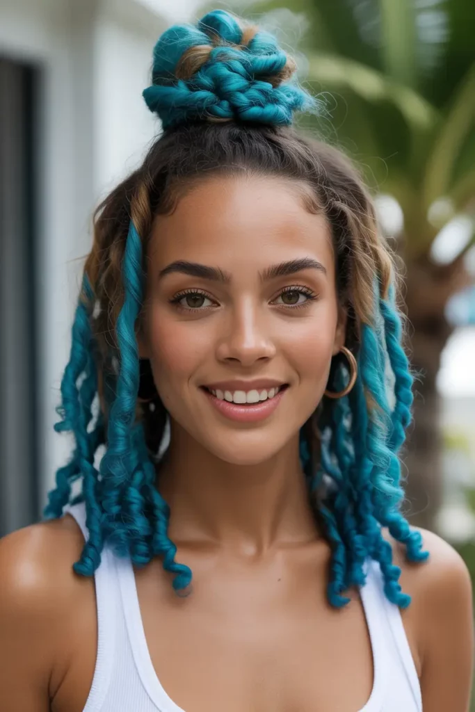 Turquoise Locs with Top Knot and Curls