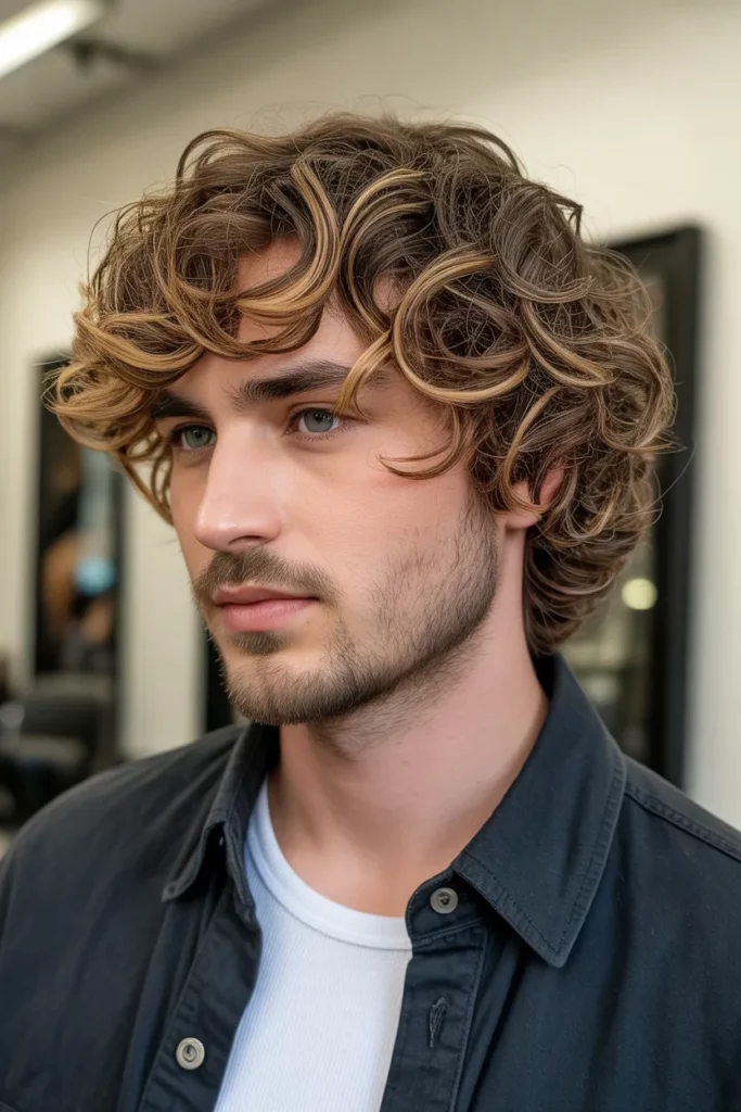 12. Curly Wolf Cut with Highlights
