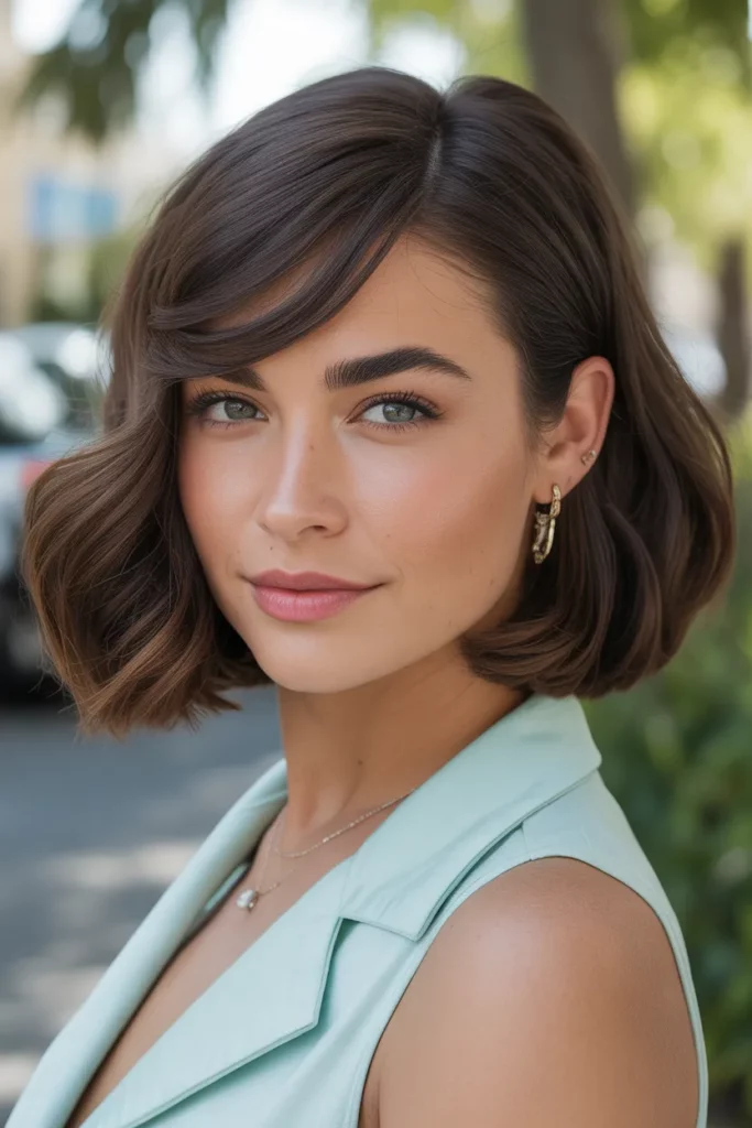 15. Brunette Bob with Side Swept Bangs