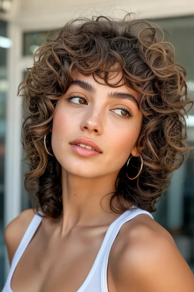 15. Curly Wolf Cut with Volume Bangs