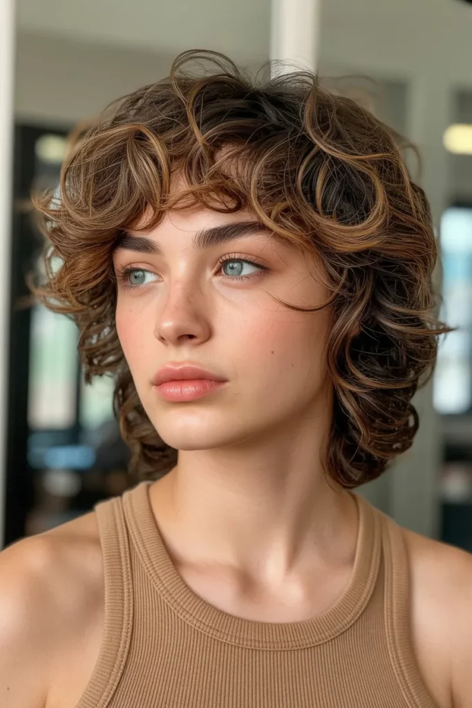 18. Curly Wolf Cut with Side Bangs