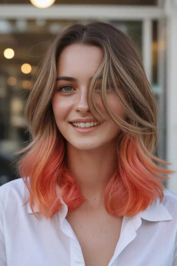 Coral Dip Dye on Light Brown Hair