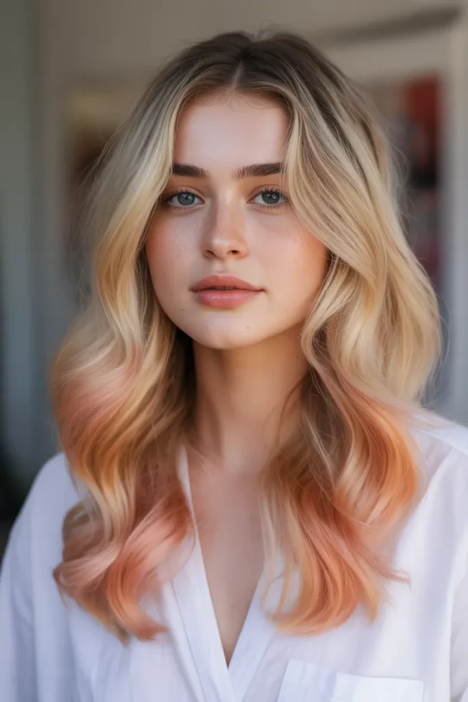 Peach Dip Dye on Honey Blonde Hair
