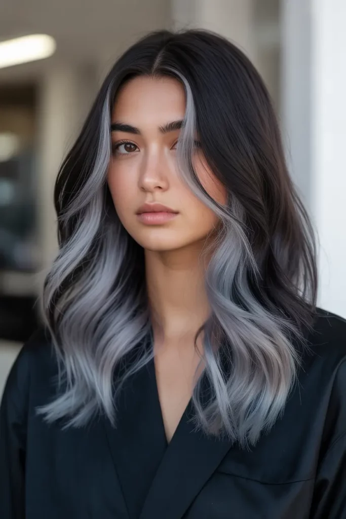 Silver Gray Dip Dye on Black Hair