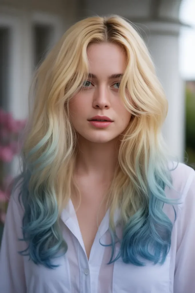 Soft Pastel Blue Dip Dye on Blonde Hair