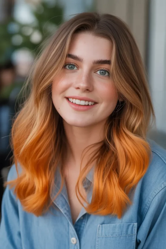Sunset Orange Dip Dye on Medium Brown Hair
