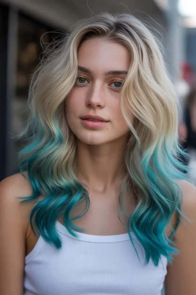 Turquoise Dip Dye on Ash Blonde Hair