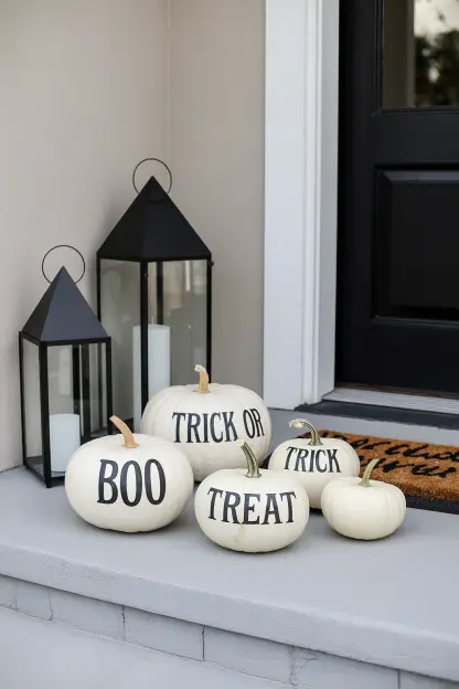 White Pumpkins with Black Lettering