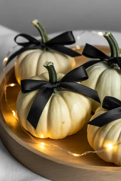 White Pumpkins with Black Ribbon
