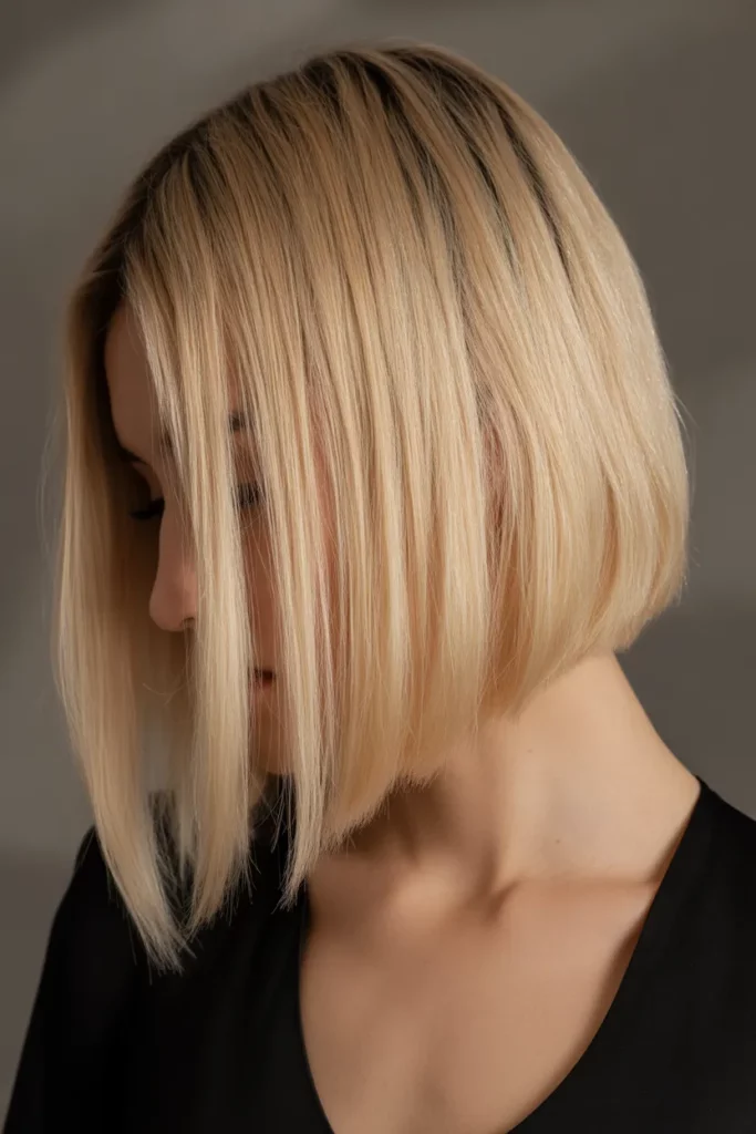 1.Sleek Straight Long Angled Bob