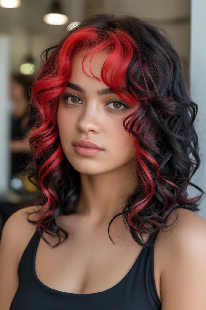 12. Chunky Red Highlights with Black Hair
