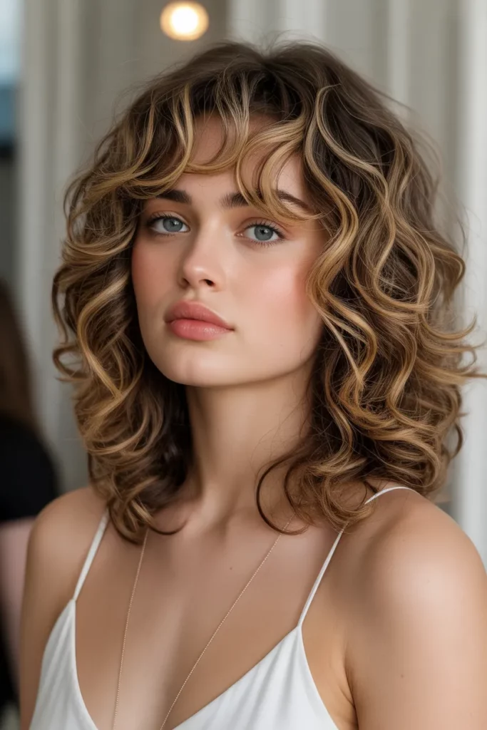 15. Layered Curls with Curtain Bangs