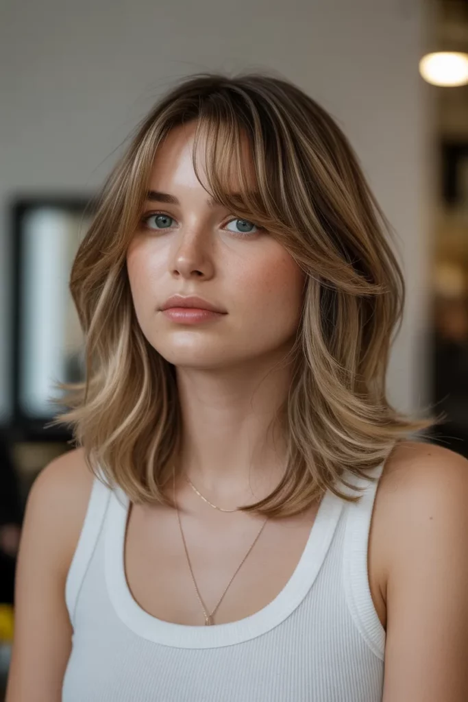 19. Medium Layers with Curtain Bangs